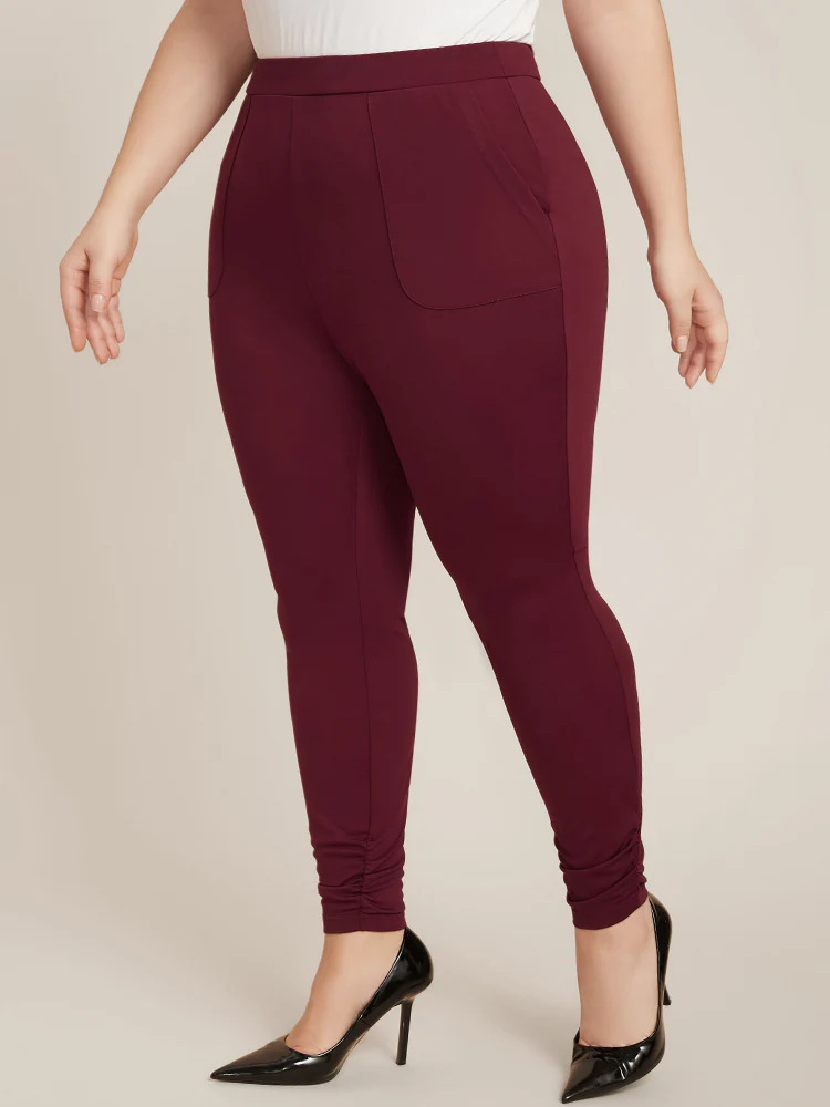 Plain Pocket Elastic Waist Ruched Hem Skinny Pants - Image 4
