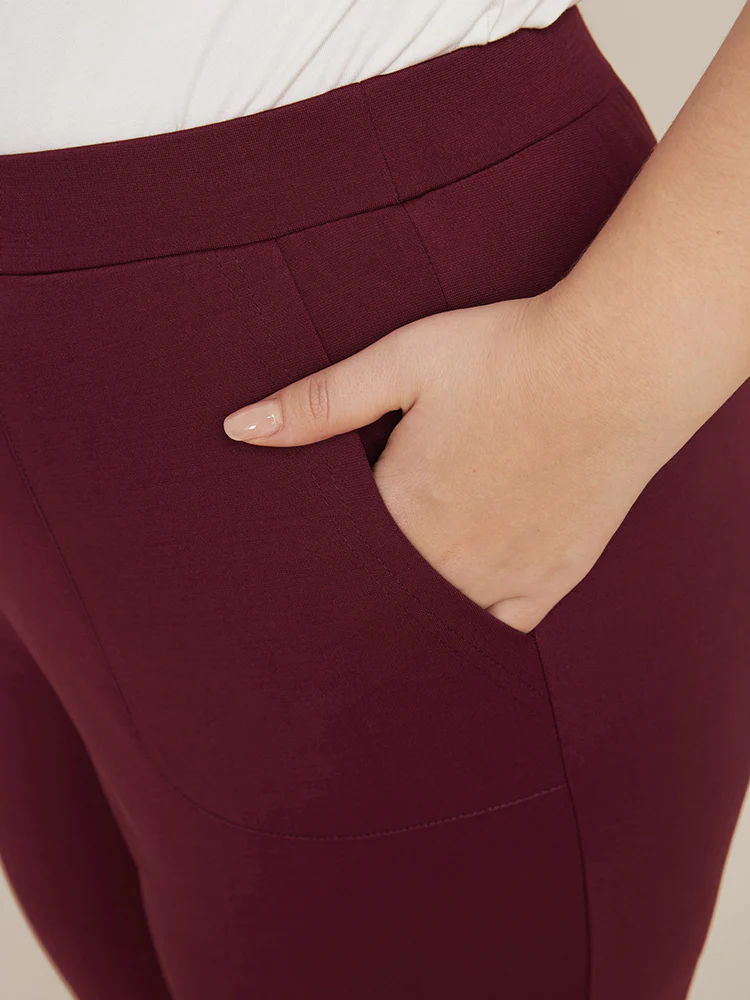 Plain Pocket Elastic Waist Ruched Hem Skinny Pants - Image 6