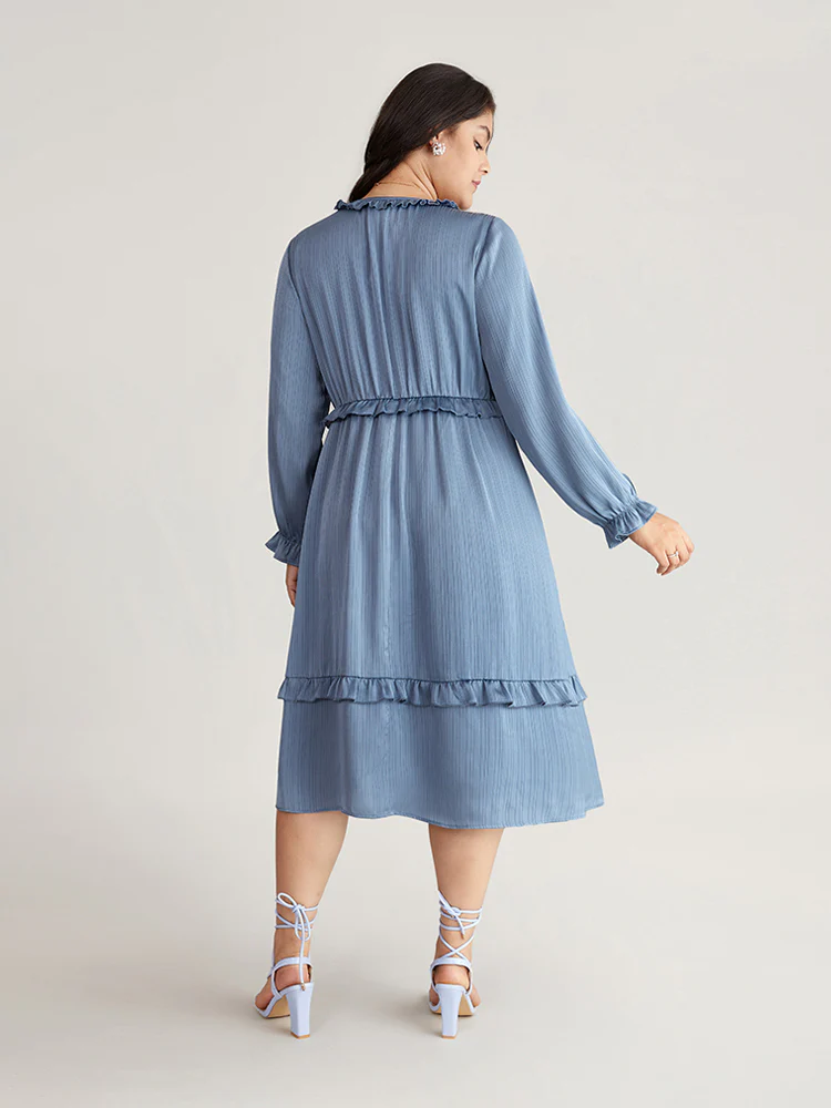 Plain Pocket Elastic Waist Ruffles Frill Trim Dress - Image 2