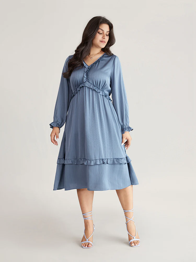 Plain Pocket Elastic Waist Ruffles Frill Trim Dress - Image 3