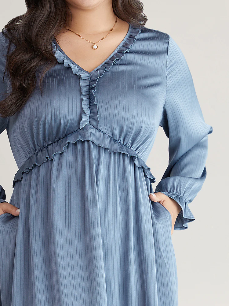Plain Pocket Elastic Waist Ruffles Frill Trim Dress - Image 4