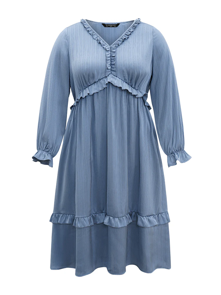 Plain Pocket Elastic Waist Ruffles Frill Trim Dress - Image 5