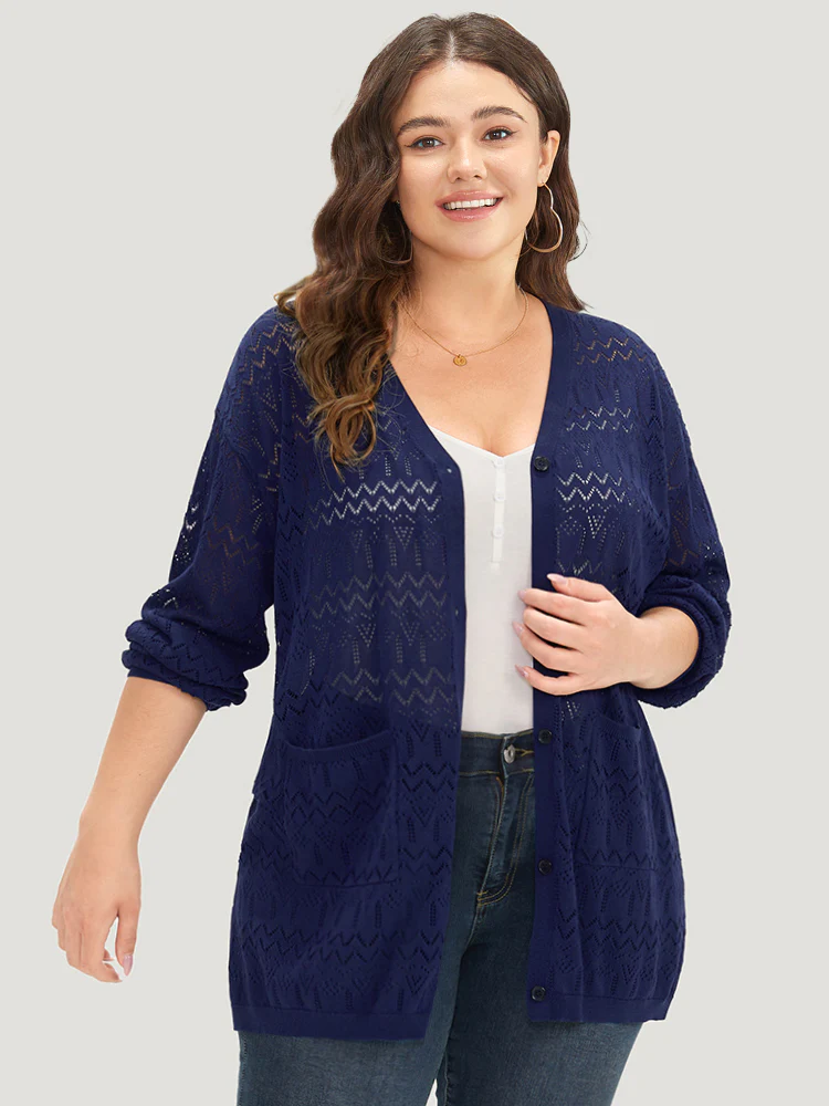 Plain Pocket Hollow Out Button Through Cardigan - Image 3