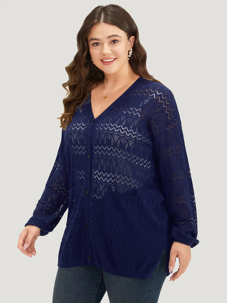 Plain Pocket Hollow Out Button Through Cardigan - Image 4