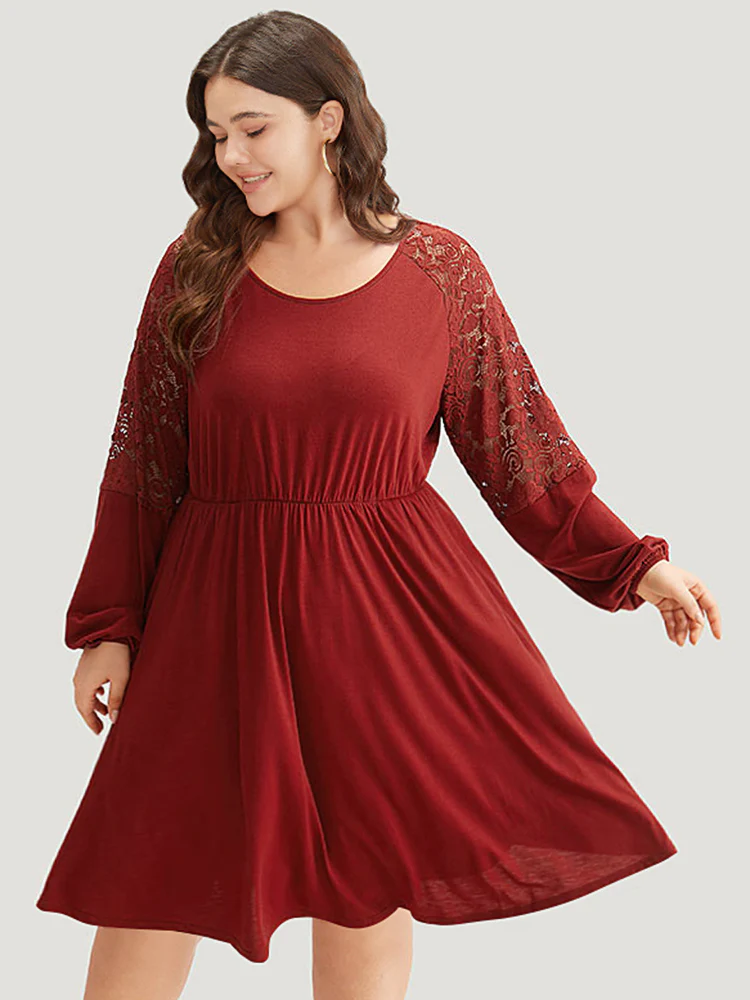 Plain Pocket Lace Panel Lantern Sleeve Dress - Image 2