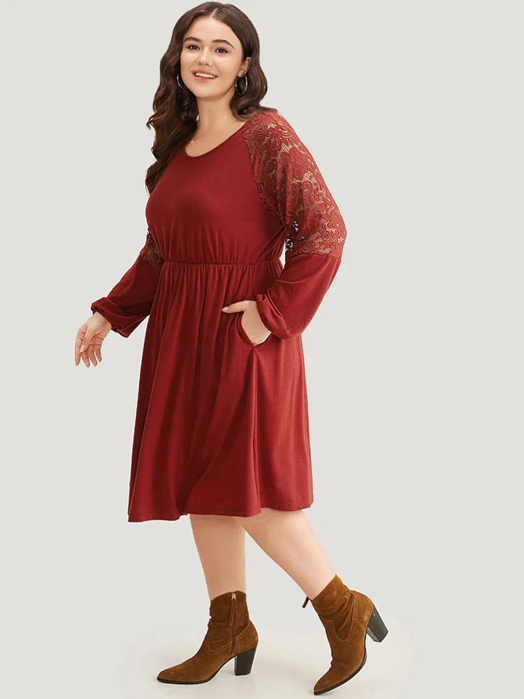 Plain Pocket Lace Panel Lantern Sleeve Dress - Image 3