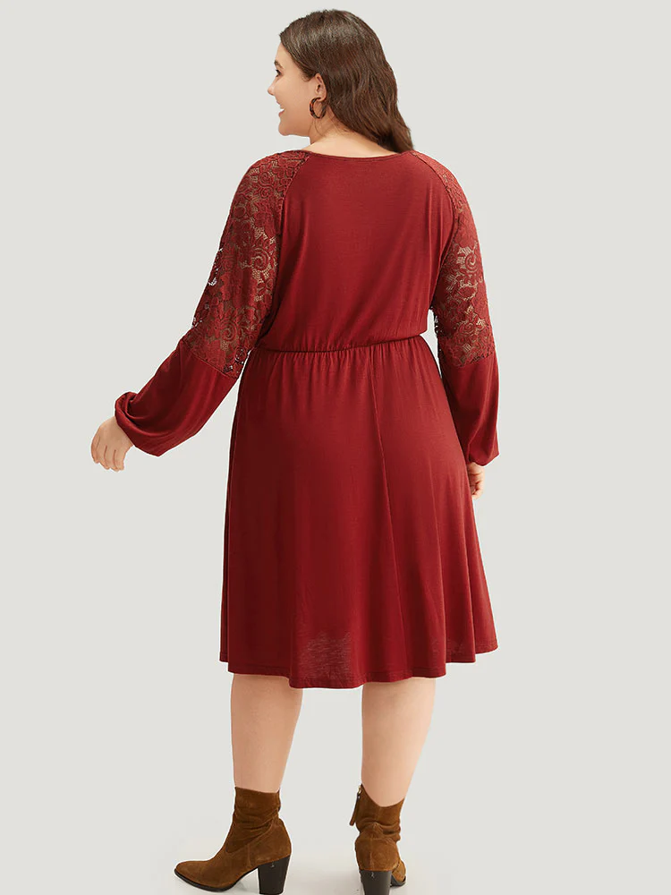 Plain Pocket Lace Panel Lantern Sleeve Dress - Image 4