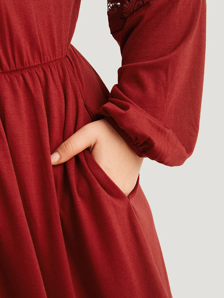 Plain Pocket Lace Panel Lantern Sleeve Dress - Image 5