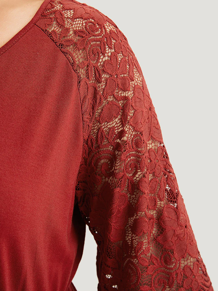 Plain Pocket Lace Panel Lantern Sleeve Dress - Image 6
