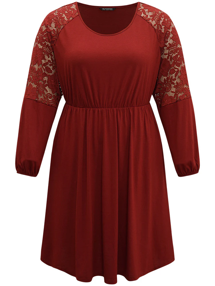Plain Pocket Lace Panel Lantern Sleeve Dress - Image 7