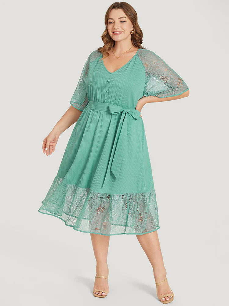 Plain Pocket Lace Raglan Sleeve Ruffle Belted Plisse Dress - Image 3