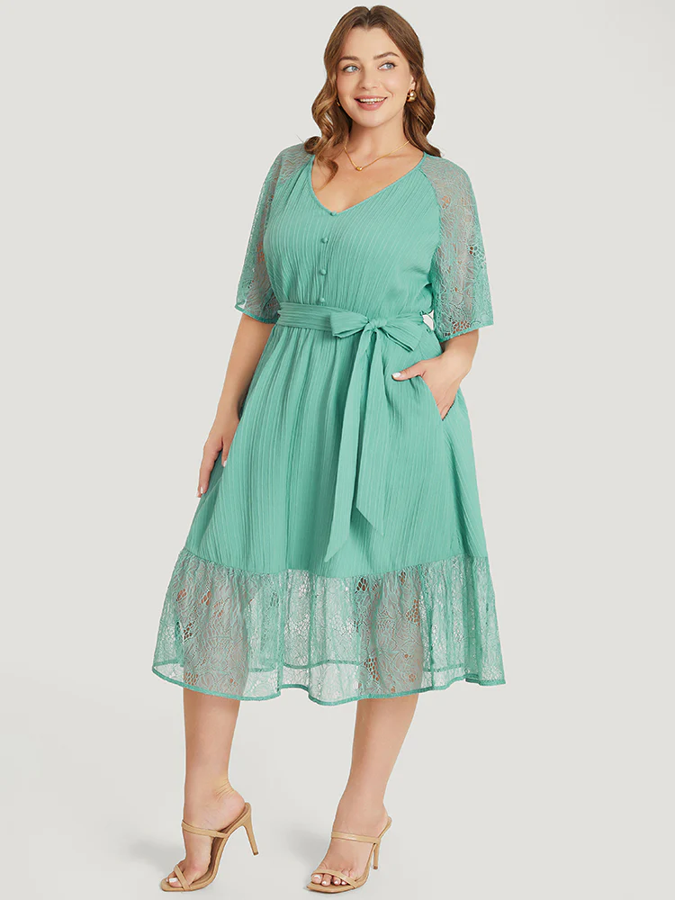 Plain Pocket Lace Raglan Sleeve Ruffle Belted Plisse Dress - Image 4
