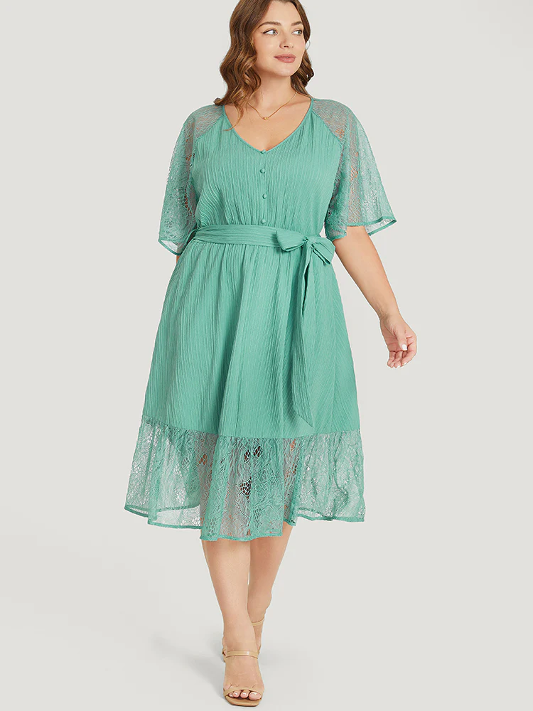 Plain Pocket Lace Raglan Sleeve Ruffle Belted Plisse Dress - Image 5