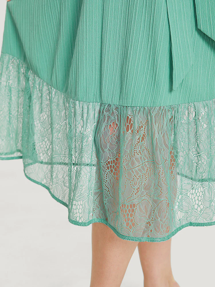 Plain Pocket Lace Raglan Sleeve Ruffle Belted Plisse Dress - Image 8