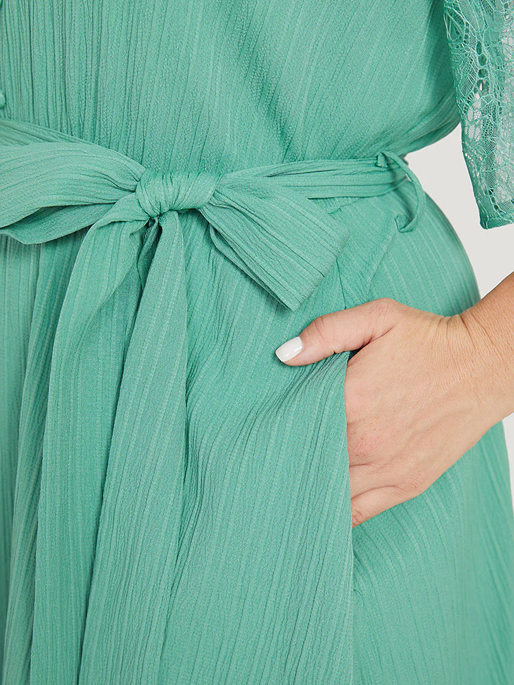 Plain Pocket Lace Raglan Sleeve Ruffle Belted Plisse Dress - Image 9