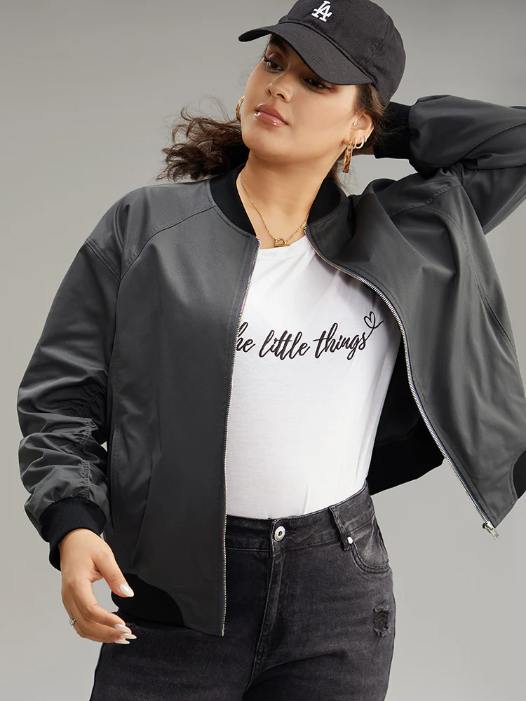 Plain Pocket Patchwork Zipper Bomber Jacket - Image 2