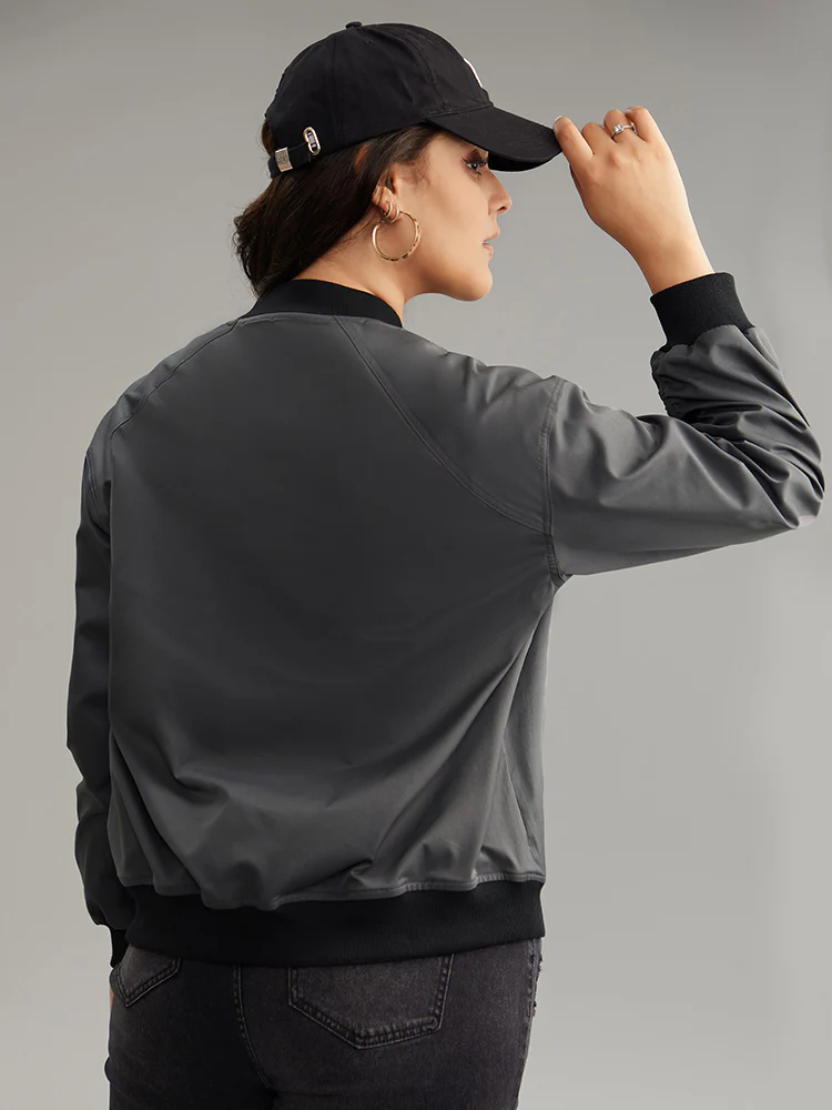 Plain Pocket Patchwork Zipper Bomber Jacket - Image 3