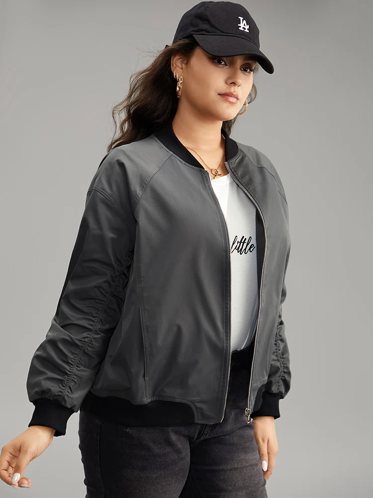 Plain Pocket Patchwork Zipper Bomber Jacket - Image 4