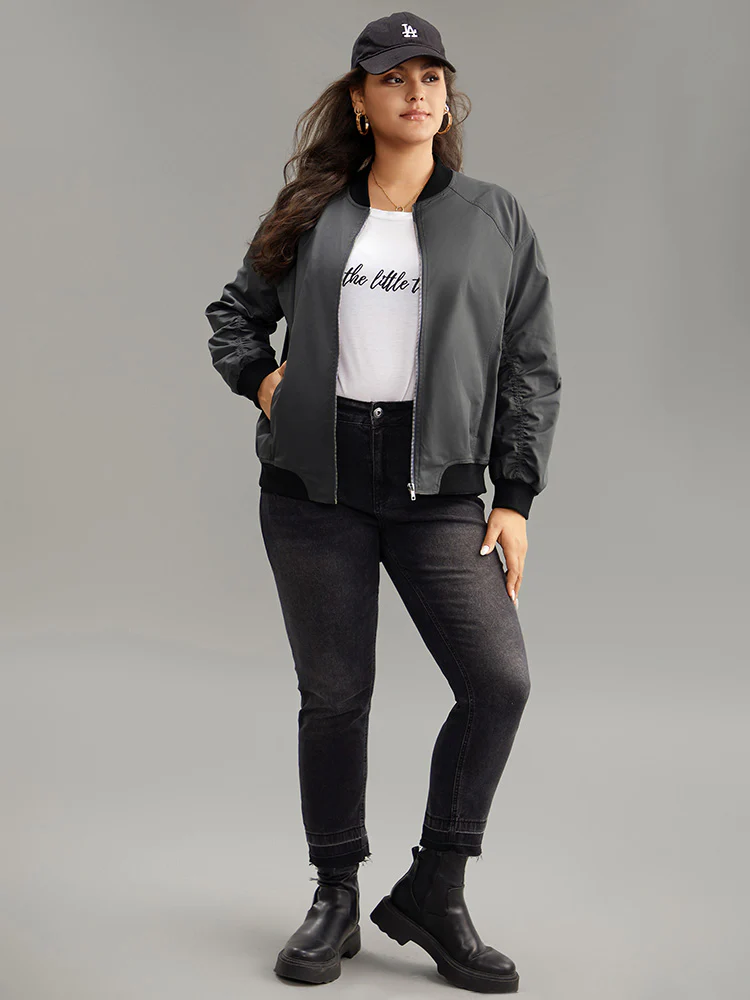 Plain Pocket Patchwork Zipper Bomber Jacket - Image 5