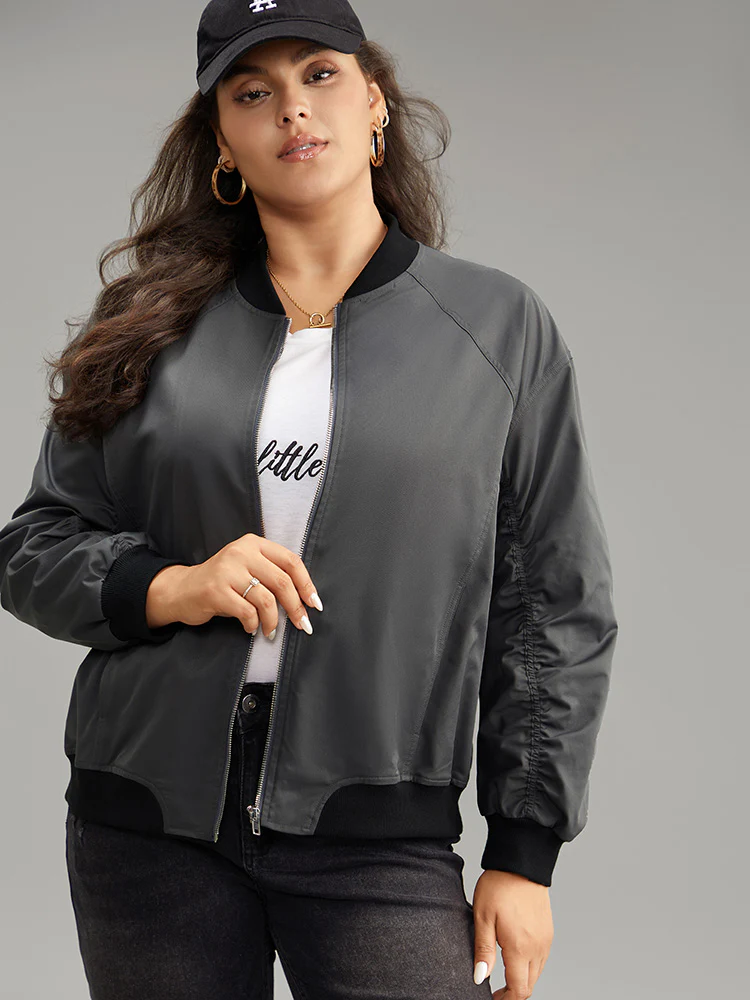 Plain Pocket Patchwork Zipper Bomber Jacket - Image 6