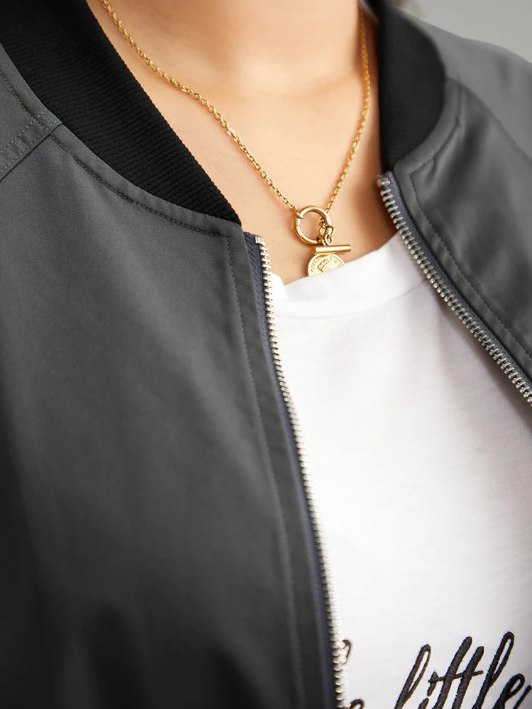 Plain Pocket Patchwork Zipper Bomber Jacket - Image 7