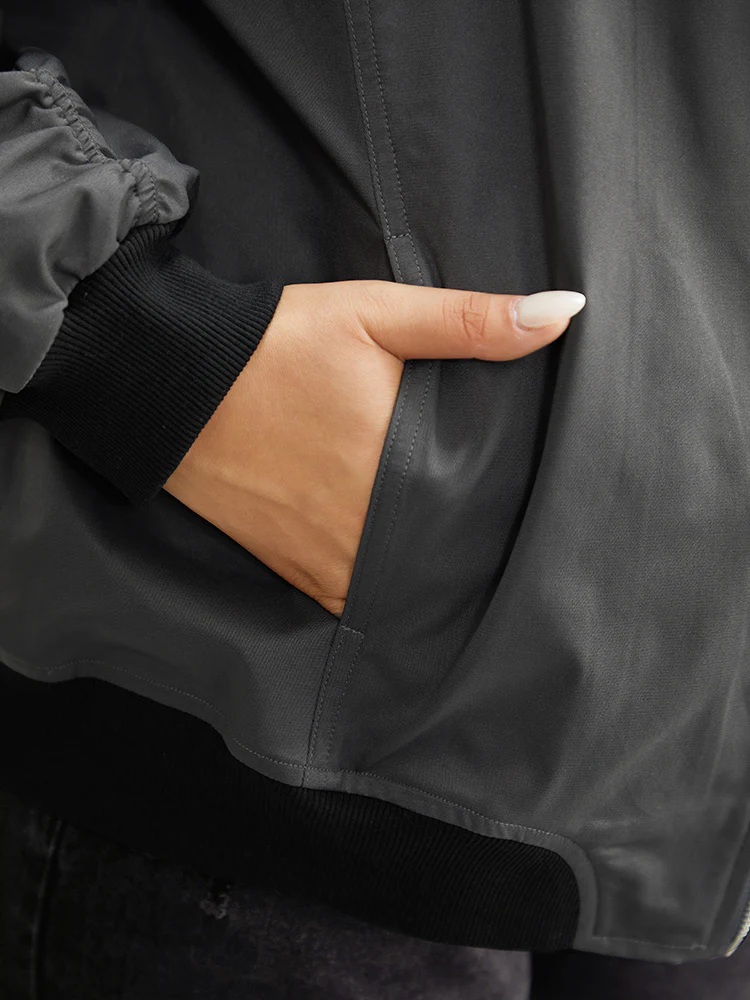 Plain Pocket Patchwork Zipper Bomber Jacket - Image 8