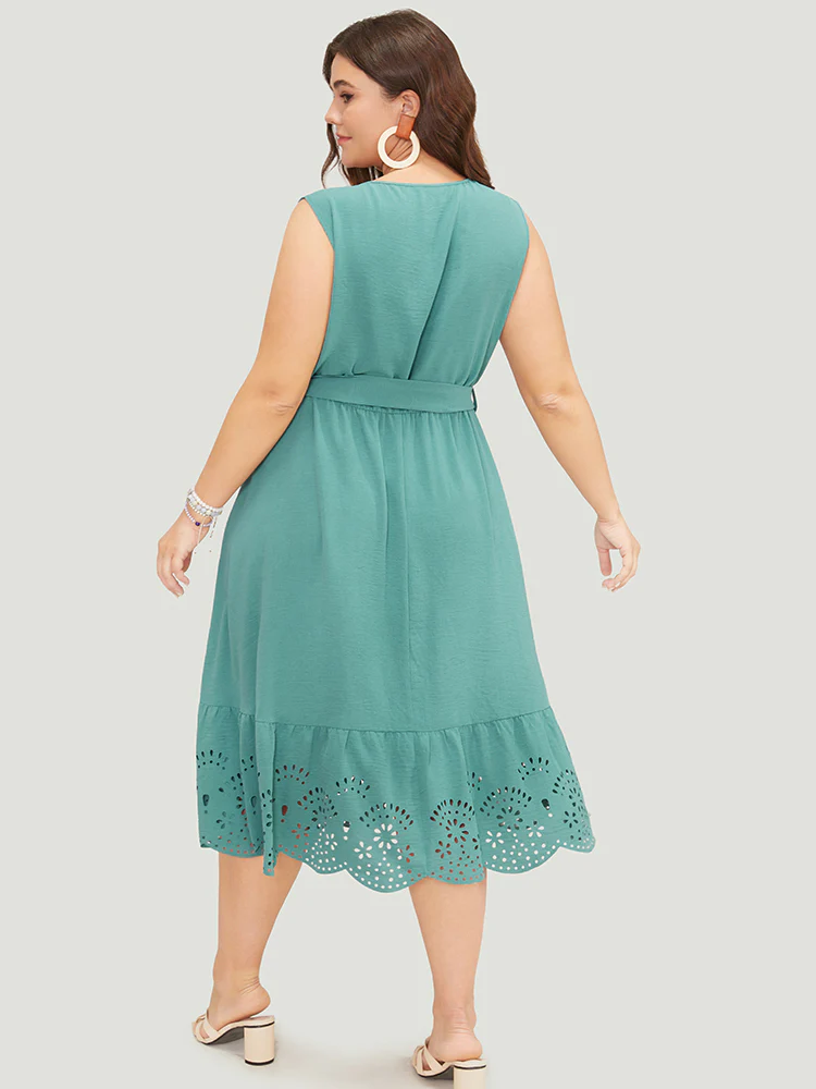 Plain Pocket Wrap Belted Laser Cut Flutter Tank Dress - Image 2