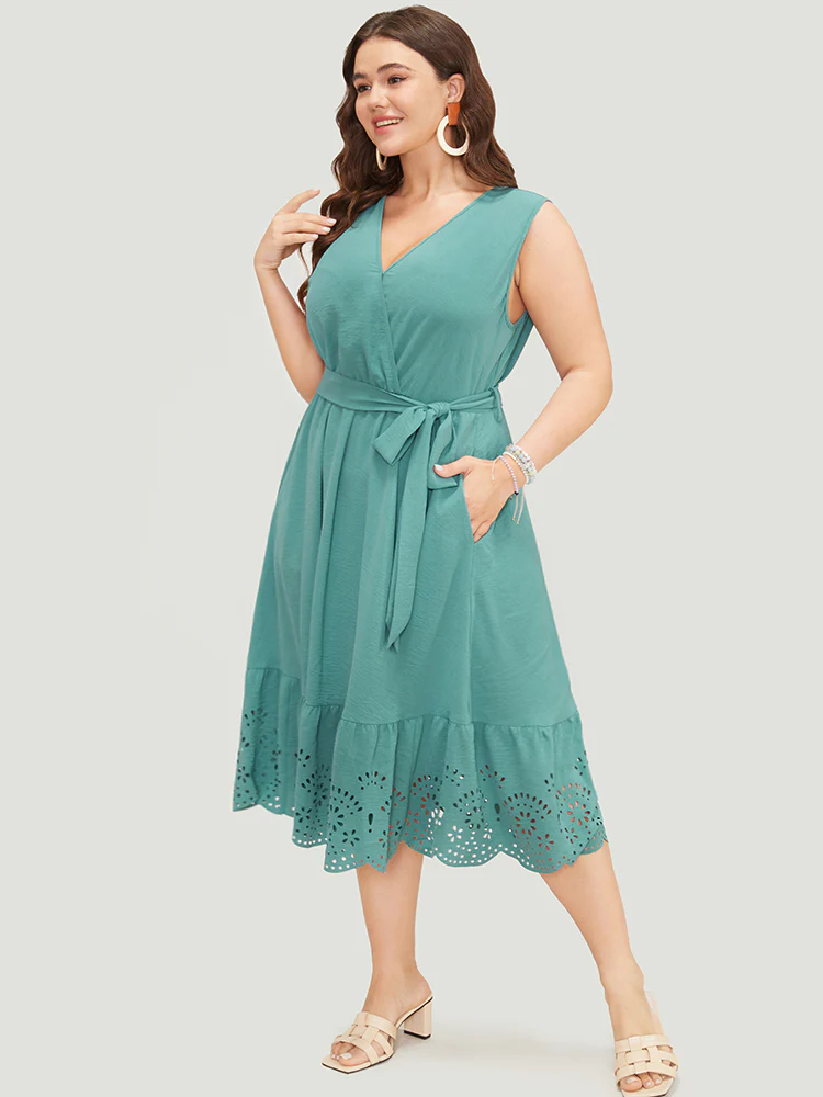 Plain Pocket Wrap Belted Laser Cut Flutter Tank Dress - Image 3