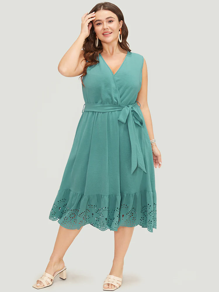Plain Pocket Wrap Belted Laser Cut Flutter Tank Dress - Image 4