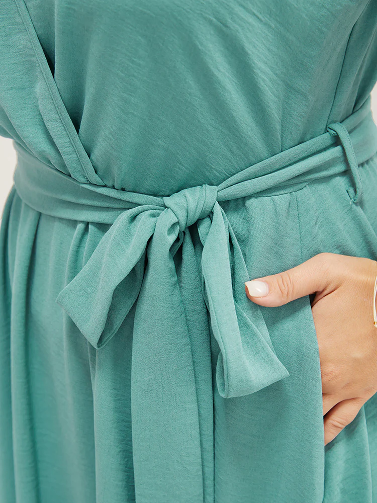 Plain Pocket Wrap Belted Laser Cut Flutter Tank Dress - Image 8
