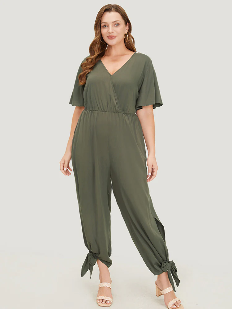 Plain Pocket Wrap Cut Out Knotted Hem Jumpsuit - Image 3