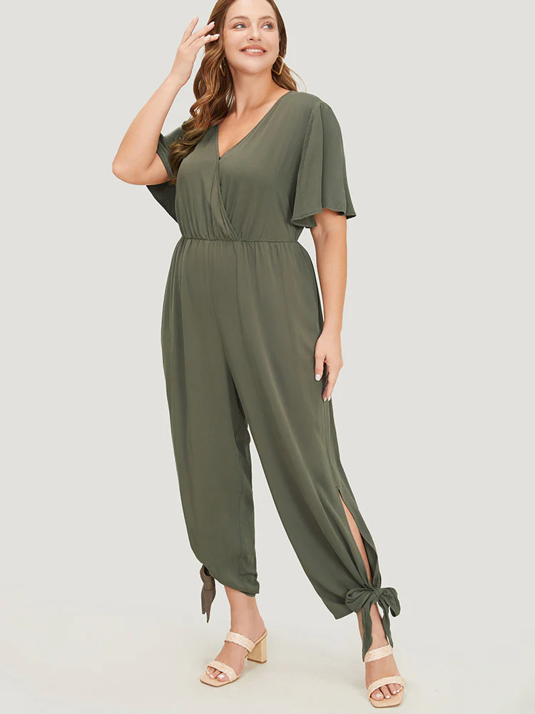 Plain Pocket Wrap Cut Out Knotted Hem Jumpsuit - Image 4