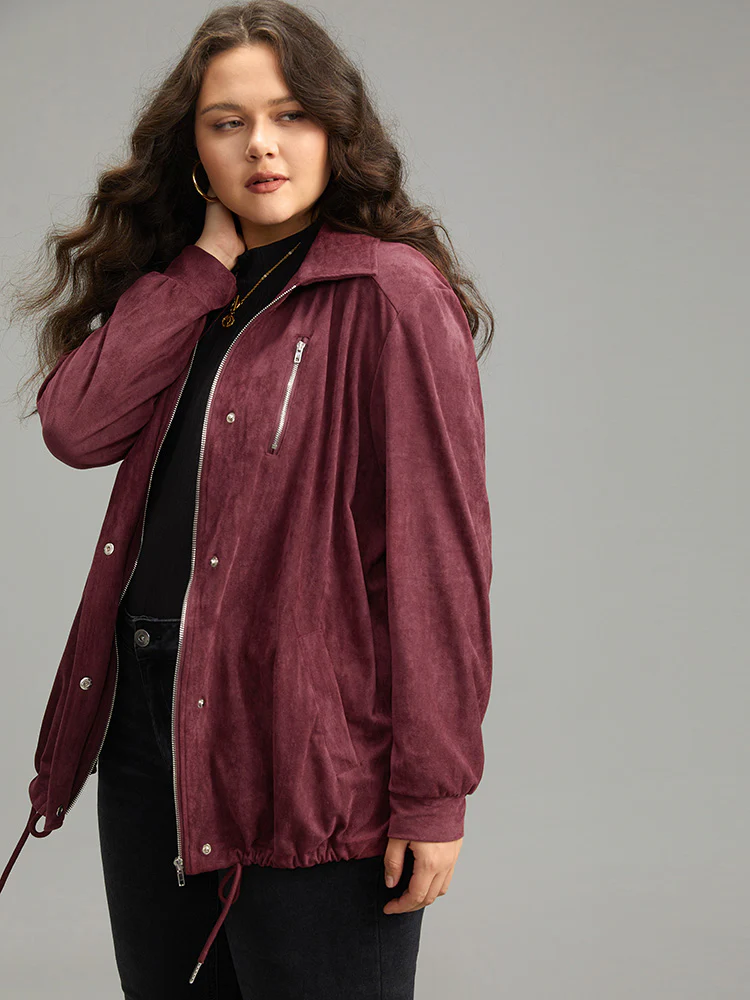 Plain Pocket Zipper Fly Drawstring Jacket - Image 3