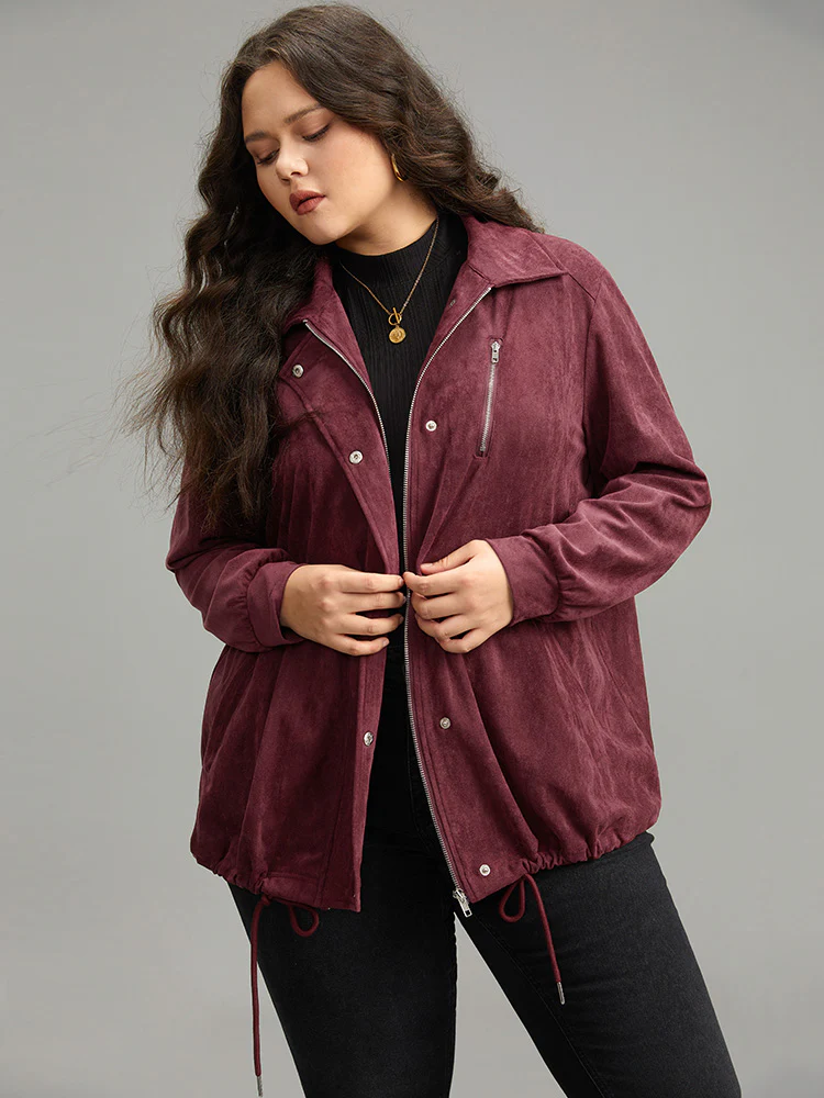 Plain Pocket Zipper Fly Drawstring Jacket - Image 6