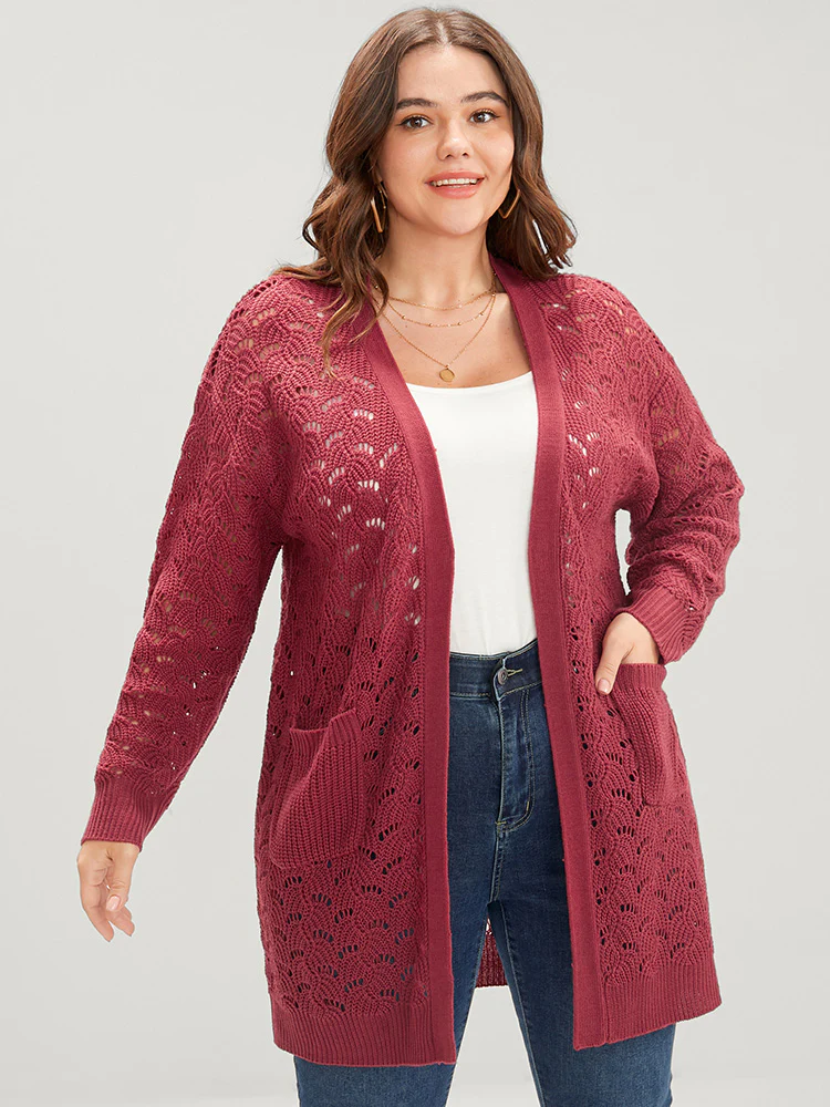 Plain Pointelle Knit Cut Out Pocket Open Front Mid Long Cardigan - Image 2