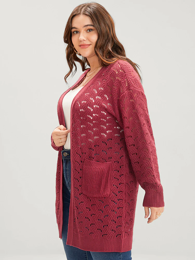 Plain Pointelle Knit Cut Out Pocket Open Front Mid Long Cardigan - Image 3