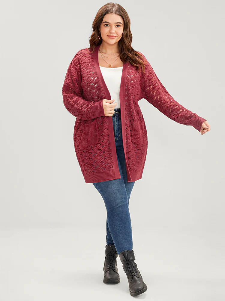 Plain Pointelle Knit Cut Out Pocket Open Front Mid Long Cardigan - Image 4