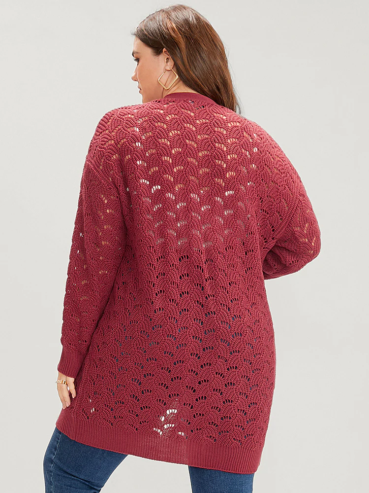 Plain Pointelle Knit Cut Out Pocket Open Front Mid Long Cardigan - Image 5