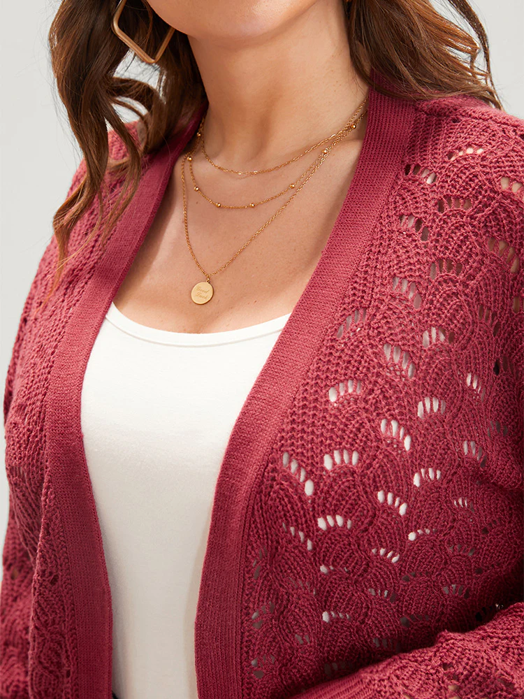 Plain Pointelle Knit Cut Out Pocket Open Front Mid Long Cardigan - Image 6