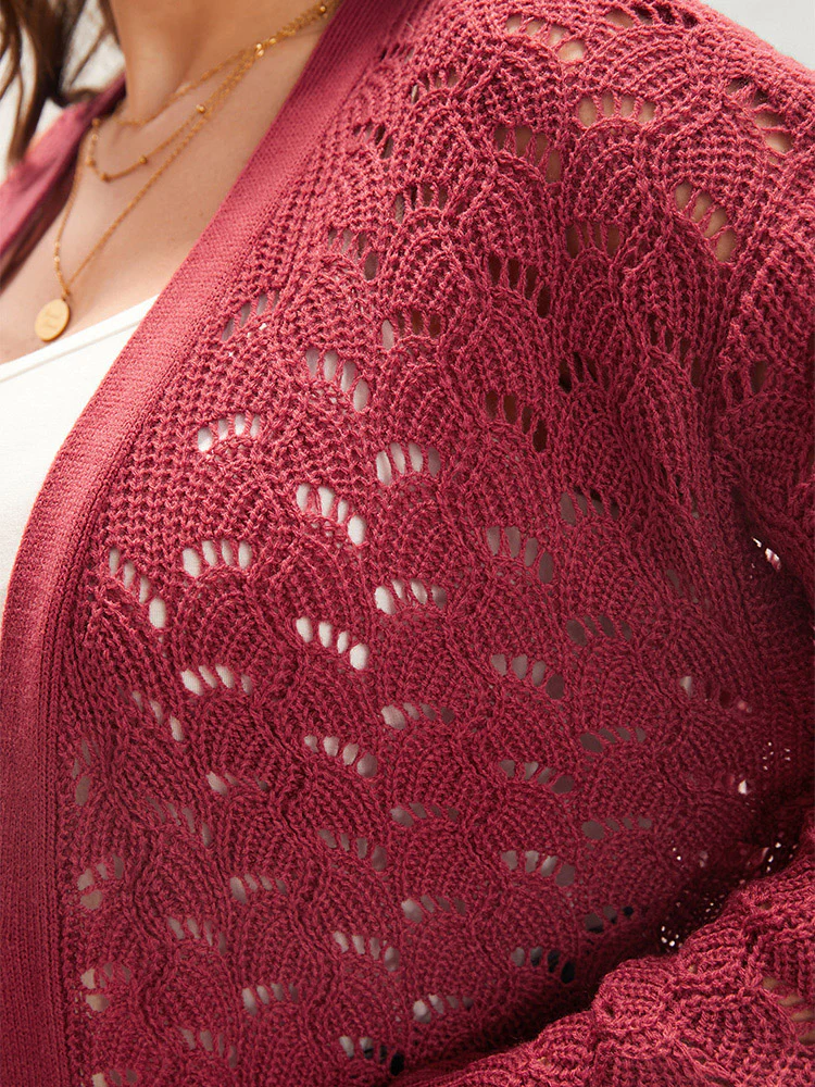 Plain Pointelle Knit Cut Out Pocket Open Front Mid Long Cardigan - Image 7