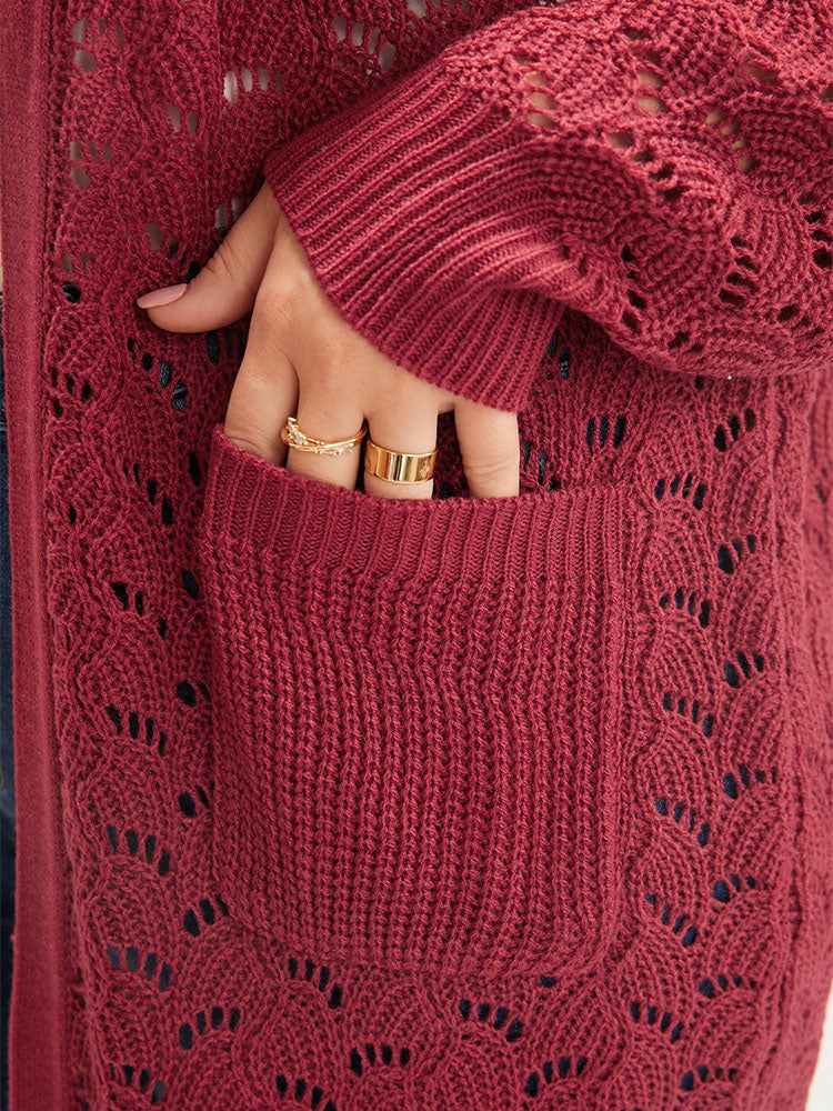 Plain Pointelle Knit Cut Out Pocket Open Front Mid Long Cardigan - Image 8