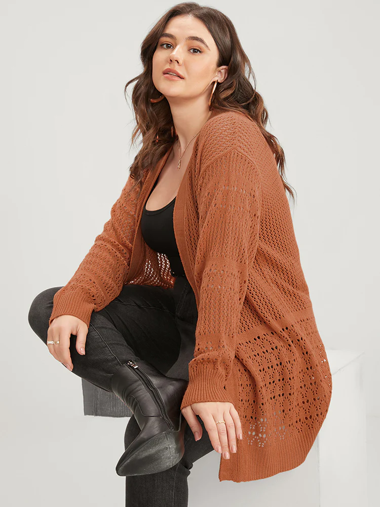 Plain Pointelle Knit Open Front Asymmetrical Cut Out Cardigan - Image 2