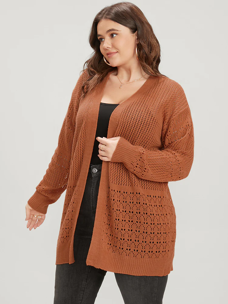 Plain Pointelle Knit Open Front Asymmetrical Cut Out Cardigan - Image 3