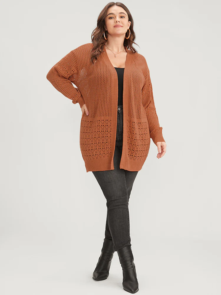 Plain Pointelle Knit Open Front Asymmetrical Cut Out Cardigan - Image 4