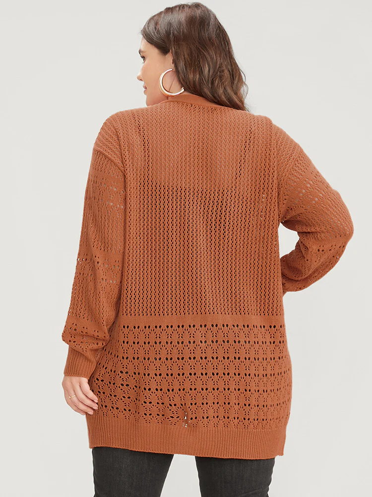 Plain Pointelle Knit Open Front Asymmetrical Cut Out Cardigan - Image 5