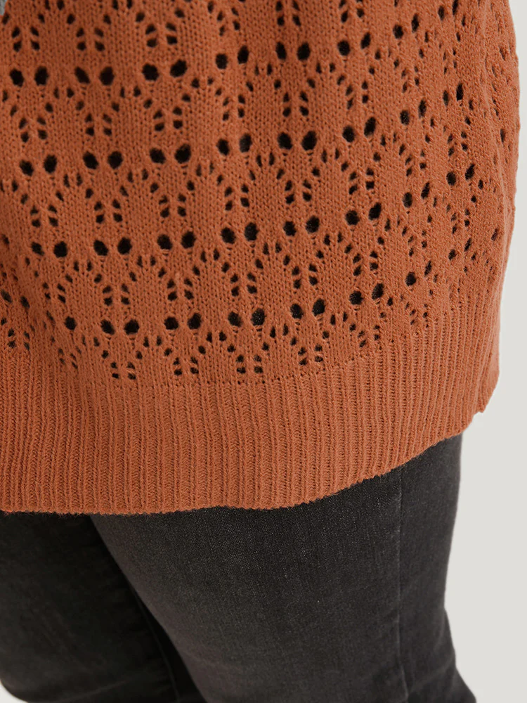 Plain Pointelle Knit Open Front Asymmetrical Cut Out Cardigan - Image 7