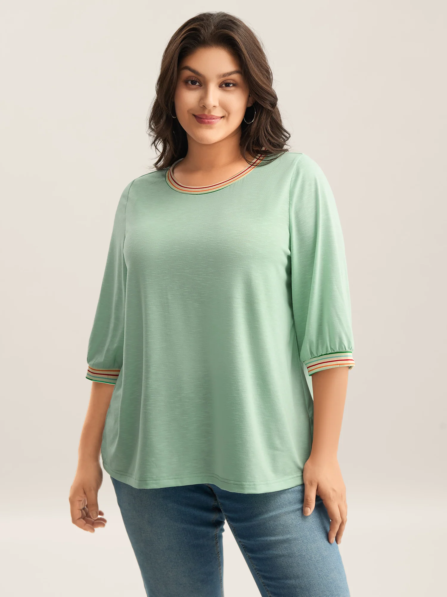 Plain Puff Sleeve Crew Neck T-Shirt - Image 2