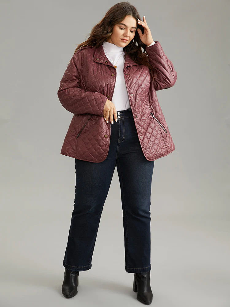 Plain Quilted Button Through Slant Pocket Coat - Image 2