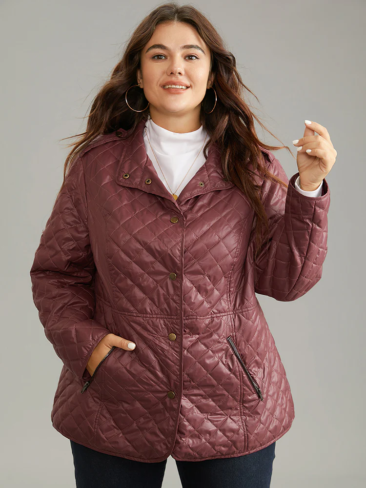 Plain Quilted Button Through Slant Pocket Coat - Image 3