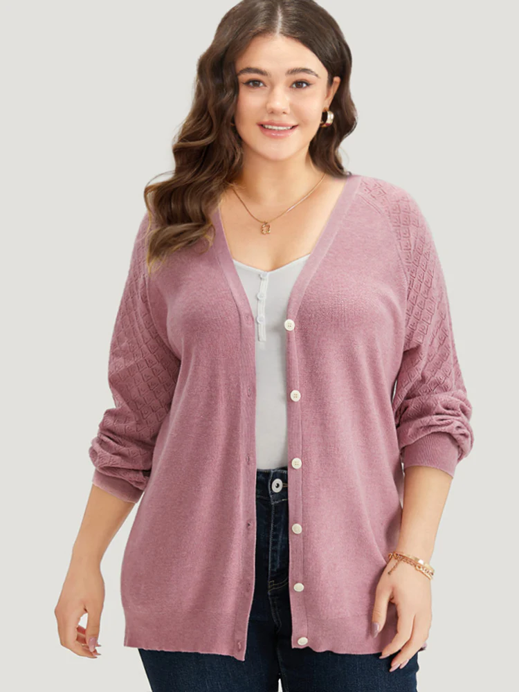 Plain Raglan Sleeve Eyelet Button Fly Cardigan - Image 3
